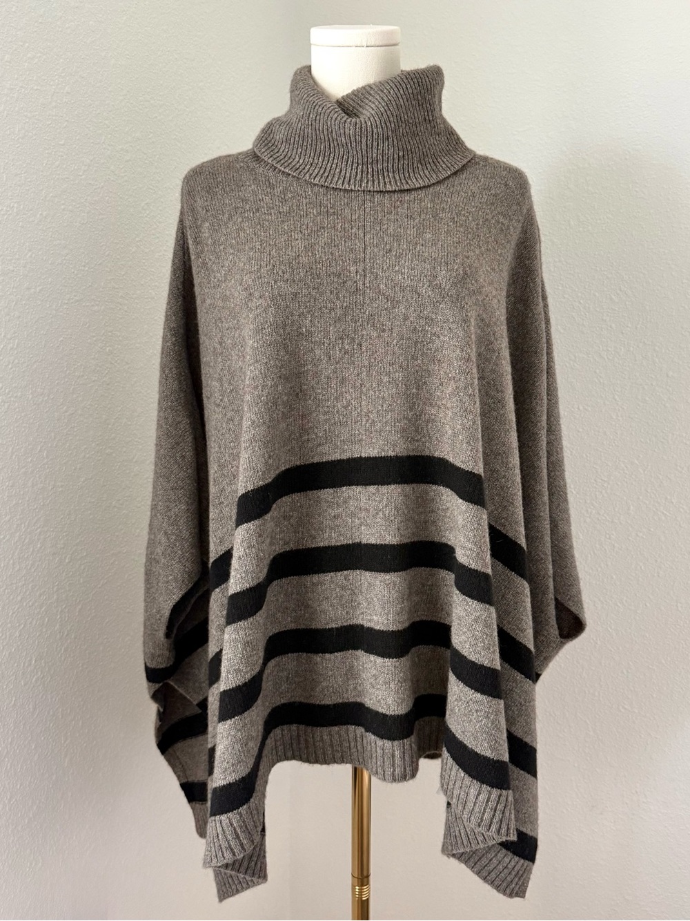 Eileen Fisher Warm Gray Cape Poncho Yak Wool Cowl Neck Striped Knit Sweater S/M